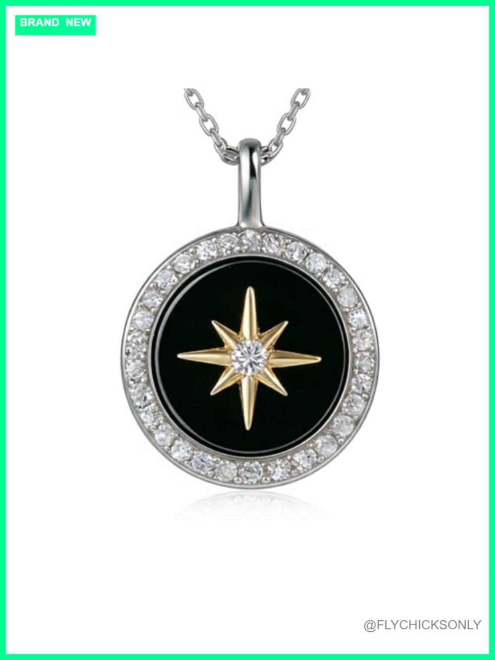 Black Onyx Pendant Necklace 925 Sterling Silver 18K Gold Starburst Moissanite